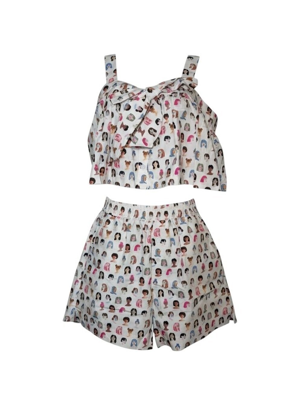 En Saison x Anthea Jacklin Face Print Bow Crop Top Shorts Set Small NWT